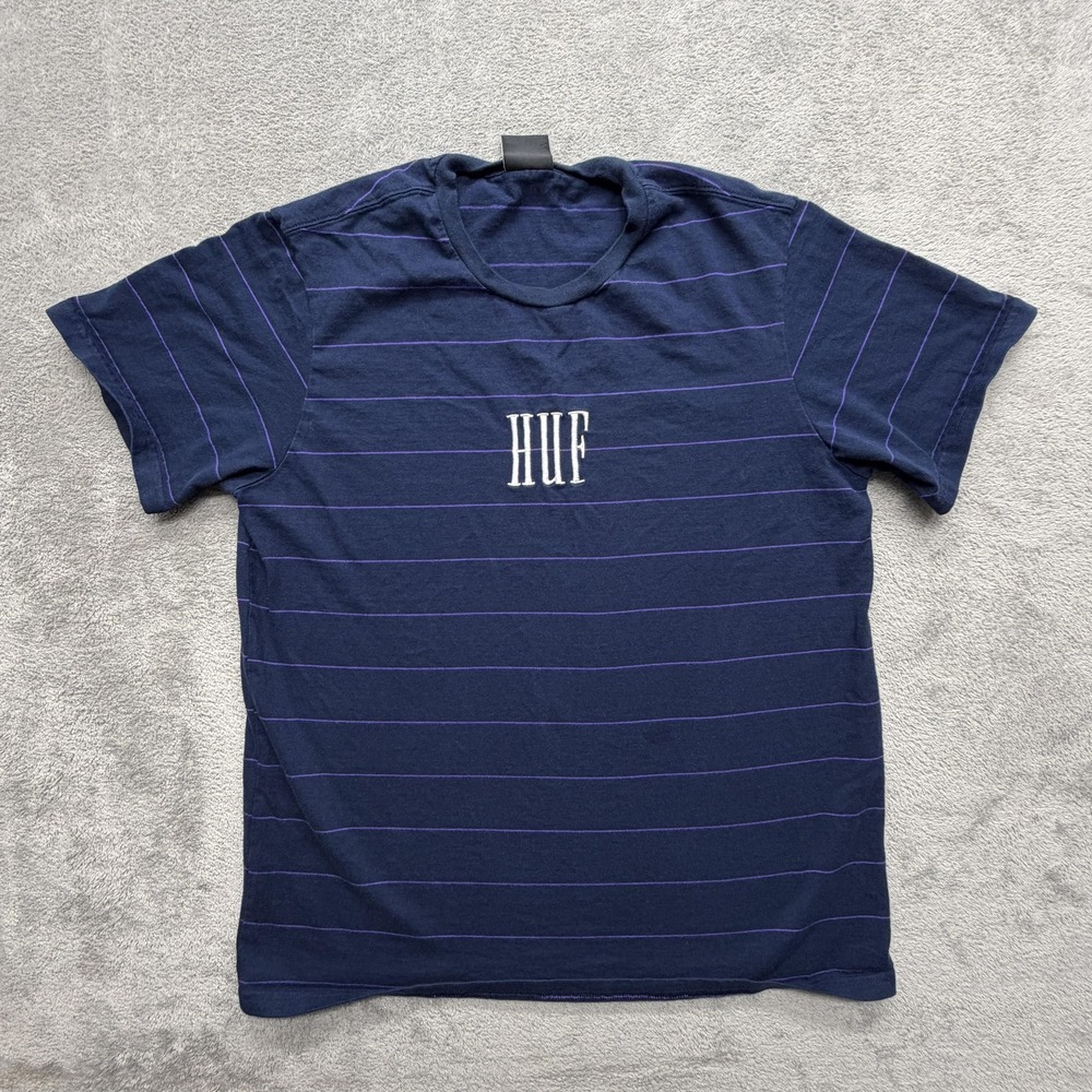 HUF Shirt Mens XL Blue‎ Striped Embroidered HUF Logo Tee Cotton Crewneck